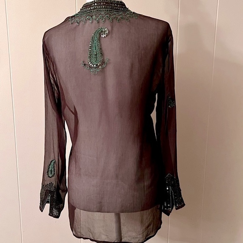 Chicos sheer tunic top brown green embroidery sequins XS NWT - Picture 2 of 8
